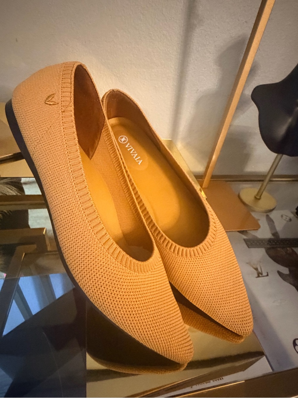 VIVAIA Pointed Knit Flats in Mustard Yellow